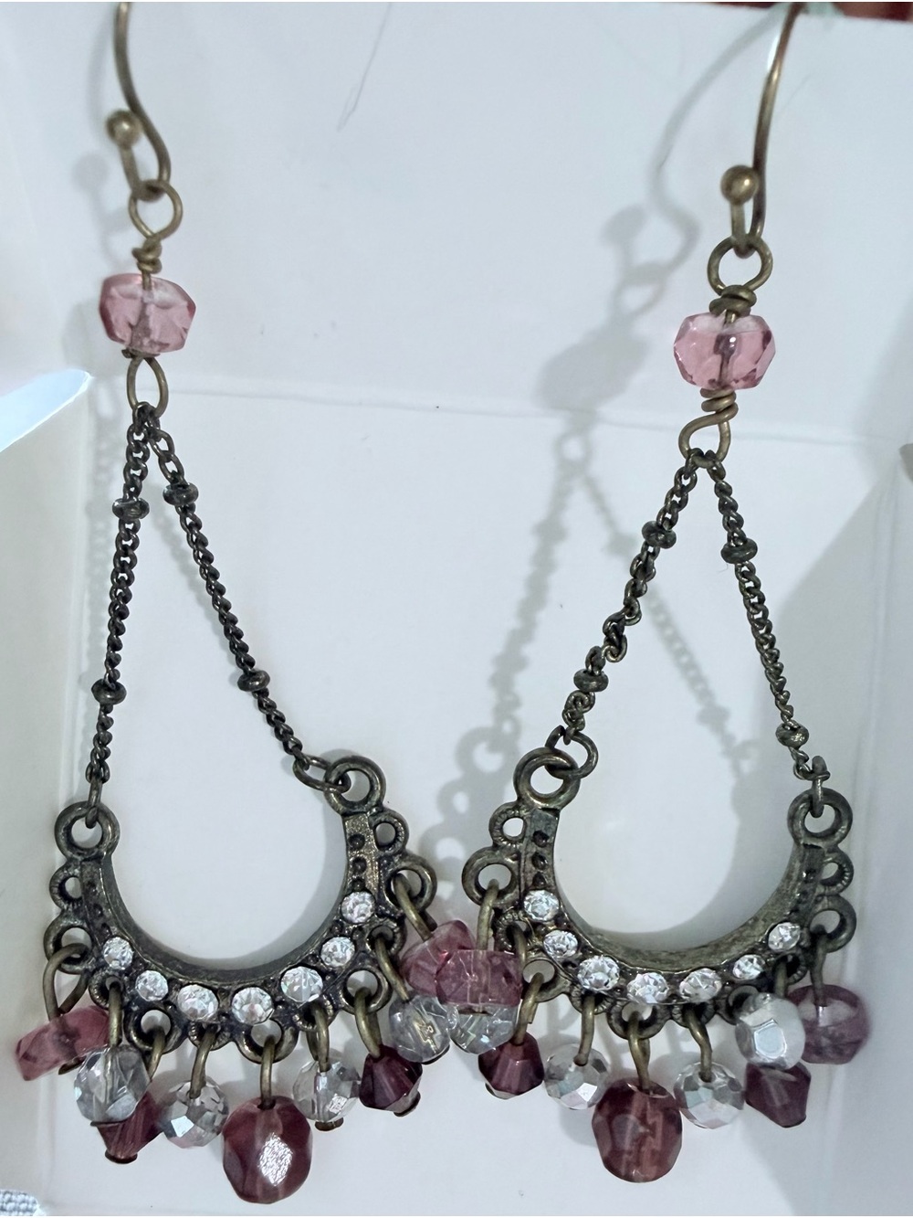 1928 Pink Purple and Clear Crystal Dangle Earrings